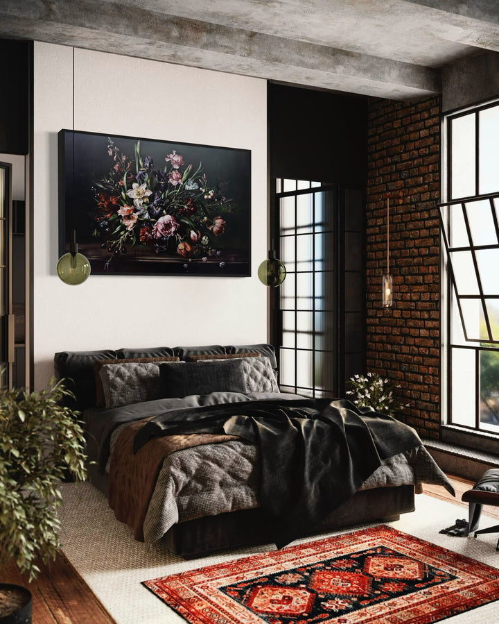 Dark Academia Moody Vintage Flowers Framed Canvas Wall Art in a bedroom with a large bed and a rug on the floor