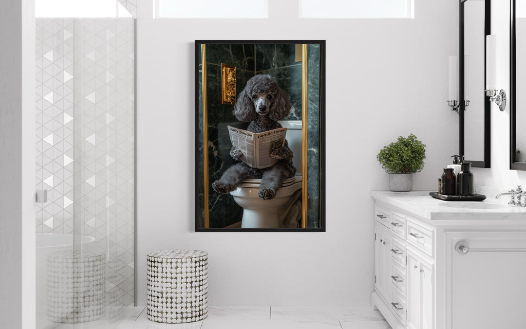 Grey Medium Poodle On Toilet Reading Newspaper poster in the bathroom