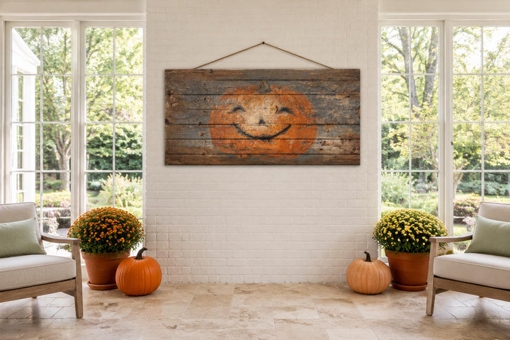 Primitive pumpkin face on distressed wood planks with a rope hanger in a farmhouse living room.