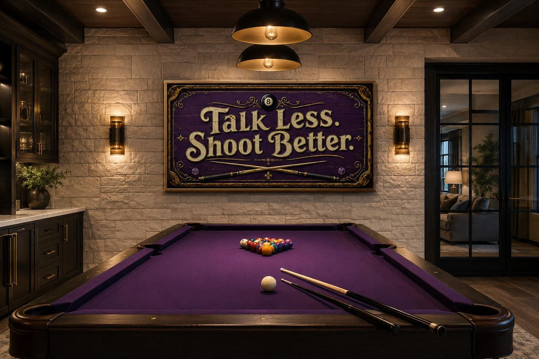 Talk Less Shoot Better Vintage Pool Hall Sign with Crossed Cues and 8-Ball, Purple Gold Billiards Wall Art
