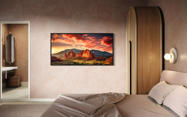 Garden of the Gods Pikes Peak Colorado Mountains Framed Canvas Wall Art in bedroom