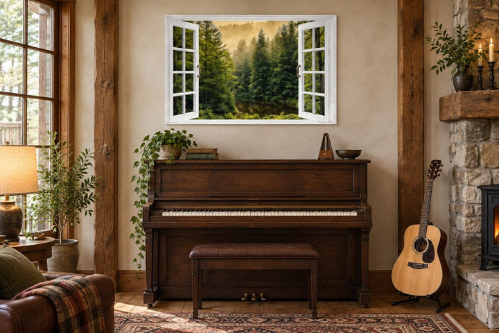 Fake window wall art showing a foggy pine tree forest through an open white frame above a piano.