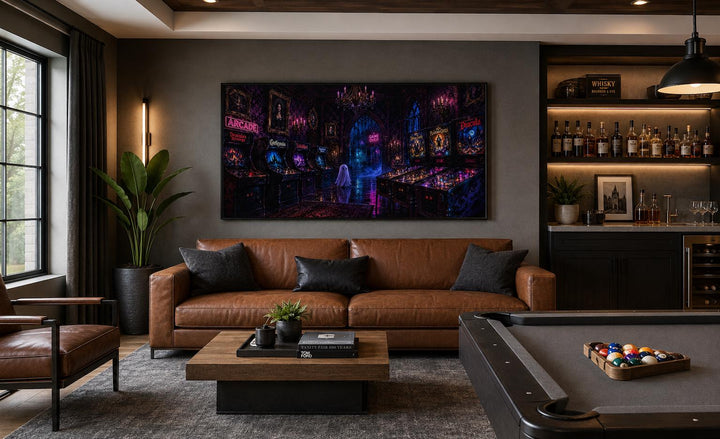 Spooky Halloween arcade wall art in a modern man cave with leather sofa and pool table.