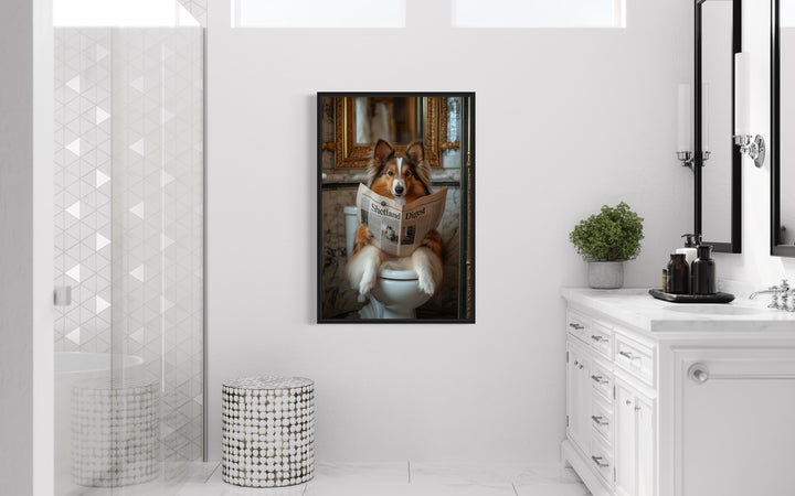 Shetland Sheepdog On The Toilet Reading Newspaper Picture