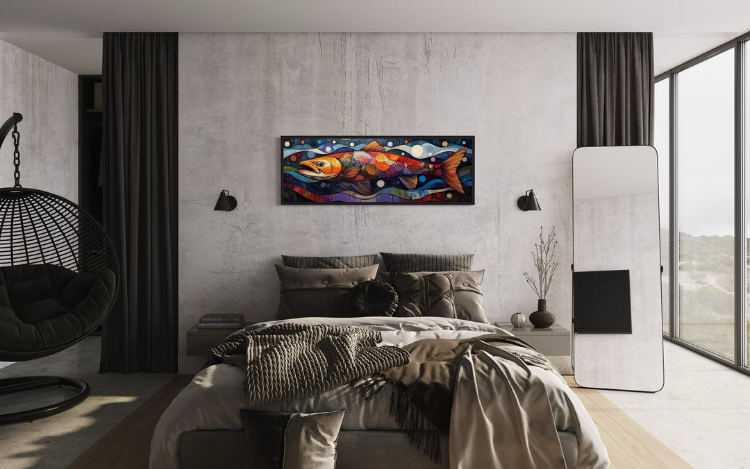 Colorful Salmon Long Horizontal Framed Canvas Wall Art in a bedroom with a bed and a hanging chair