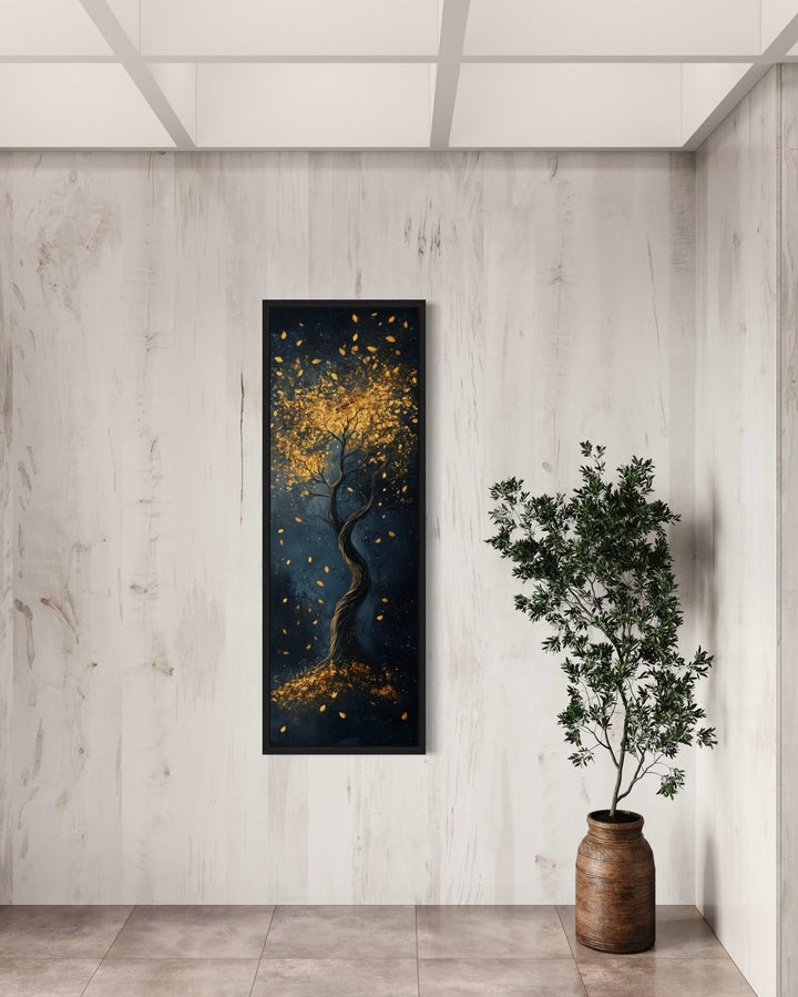 Enchanted Golden Tree On Navy Background Vertical Narrow Wall Art in a room with a plant