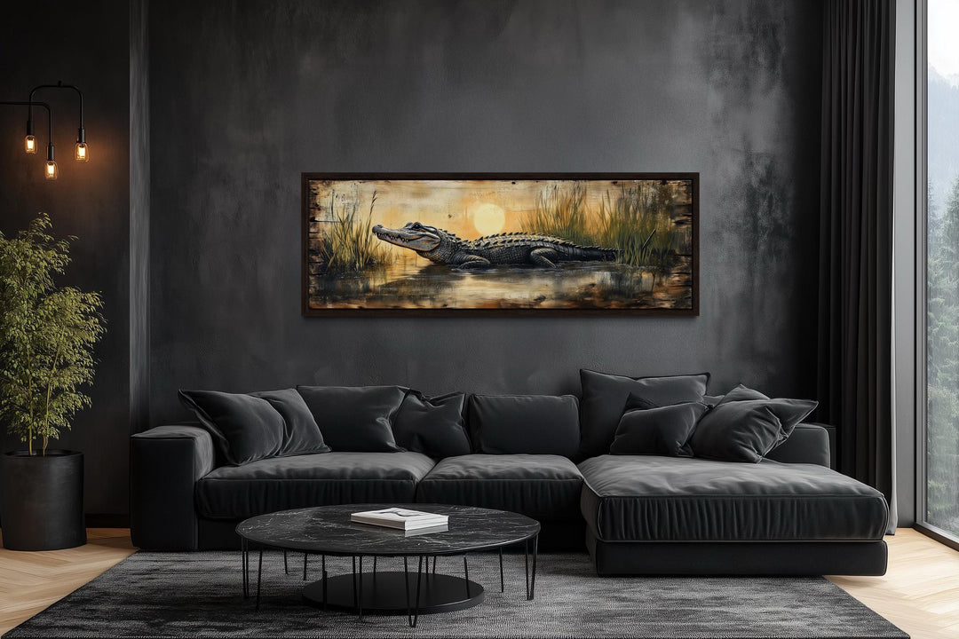 Alligator In Marshland Sunset Long Horizontal Canvas Wall Art