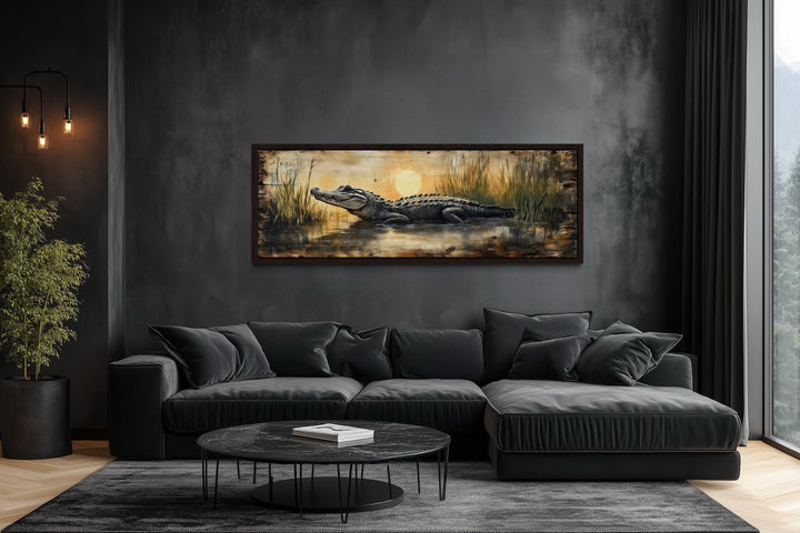Alligator In Marshland Sunset Long Horizontal Canvas Wall Art