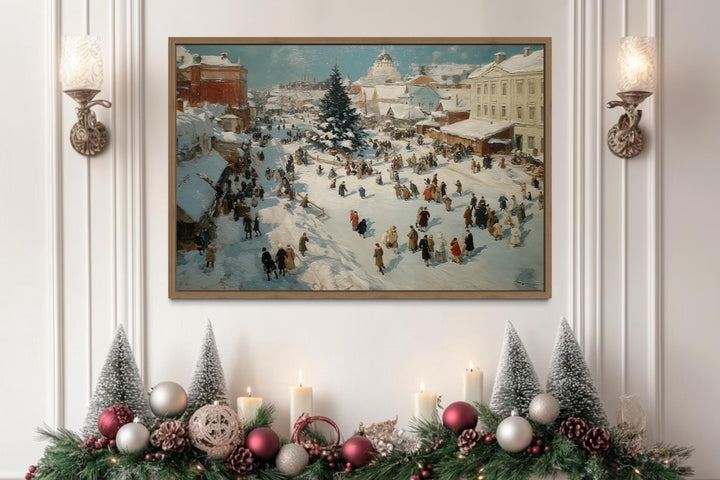 Antique Winter Village Christmas Market Scene Canvas Wall Art