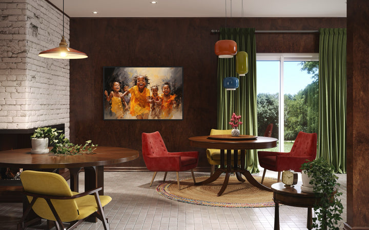 Happy African Kids Playing Framed Canvas Wall Art in a room with a table, chairs