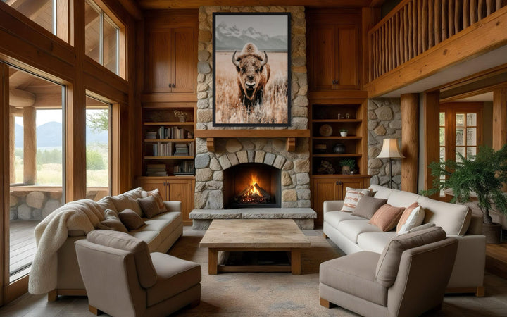 Sepia Bison Canvas Art – Rustic Buffalo Wall Art for Western Farmhouse Decor
