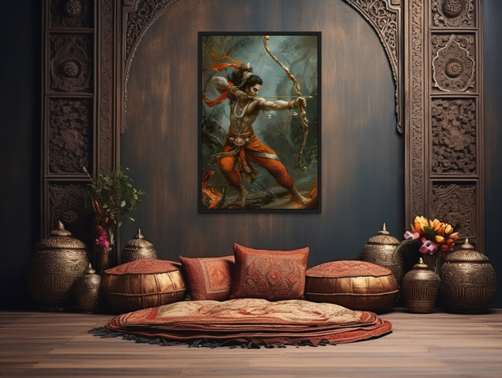 Lord Rama Fighting Demons With Bow And Arrow Framed Canvas Wall Art in Indian room