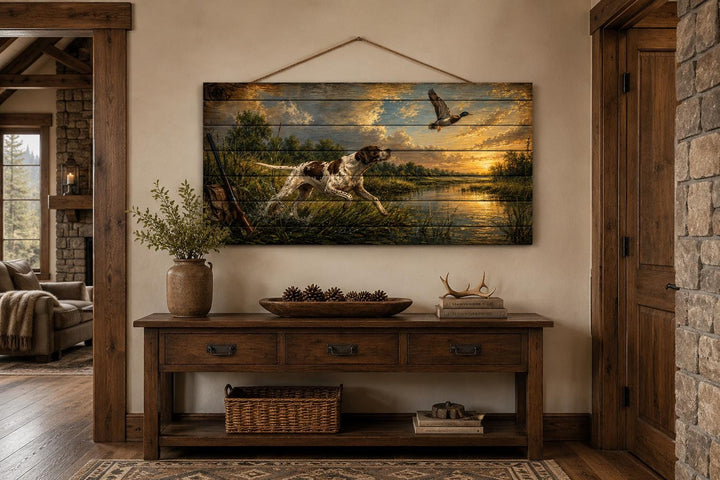 Hunting dog chasing a duck at sunset on distressed wood wall art above a rustic console table.