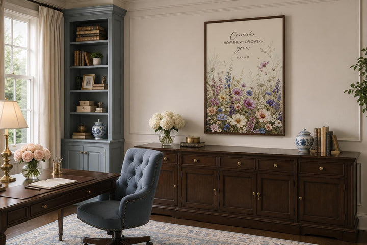 Wildflower watercolor wall art with Luke 12:27 scripture verse in a dark wood frame above a buffet.