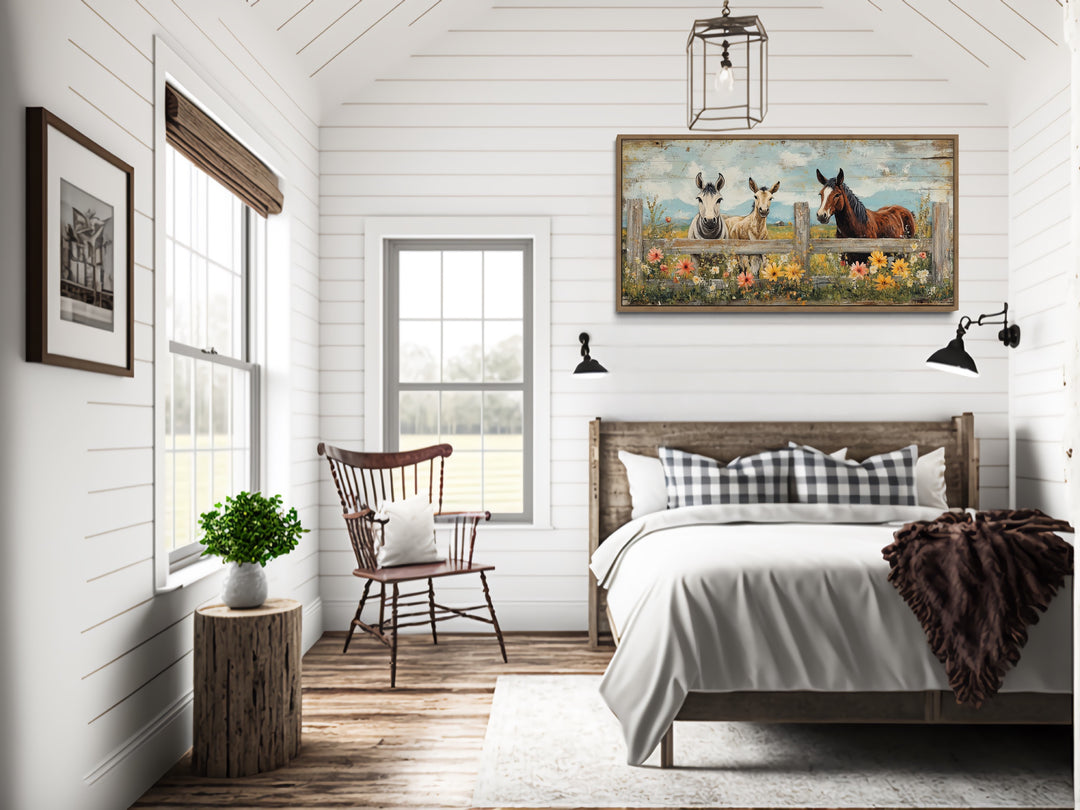 Rustic Horse and Donkey Country Farmhouse Canvas Wall Decor in rustic bedroom