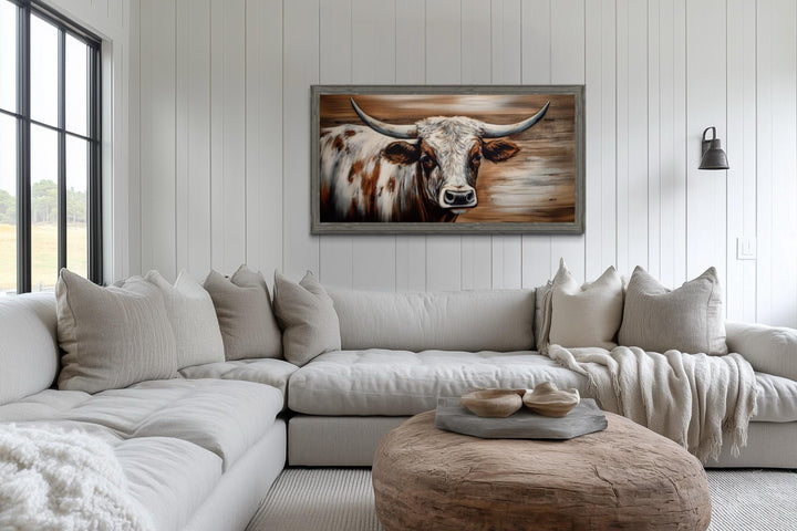 Rustic Longhorn Bull Wall Art With Barnwood Driftwood Frame For Farmhouse Decor