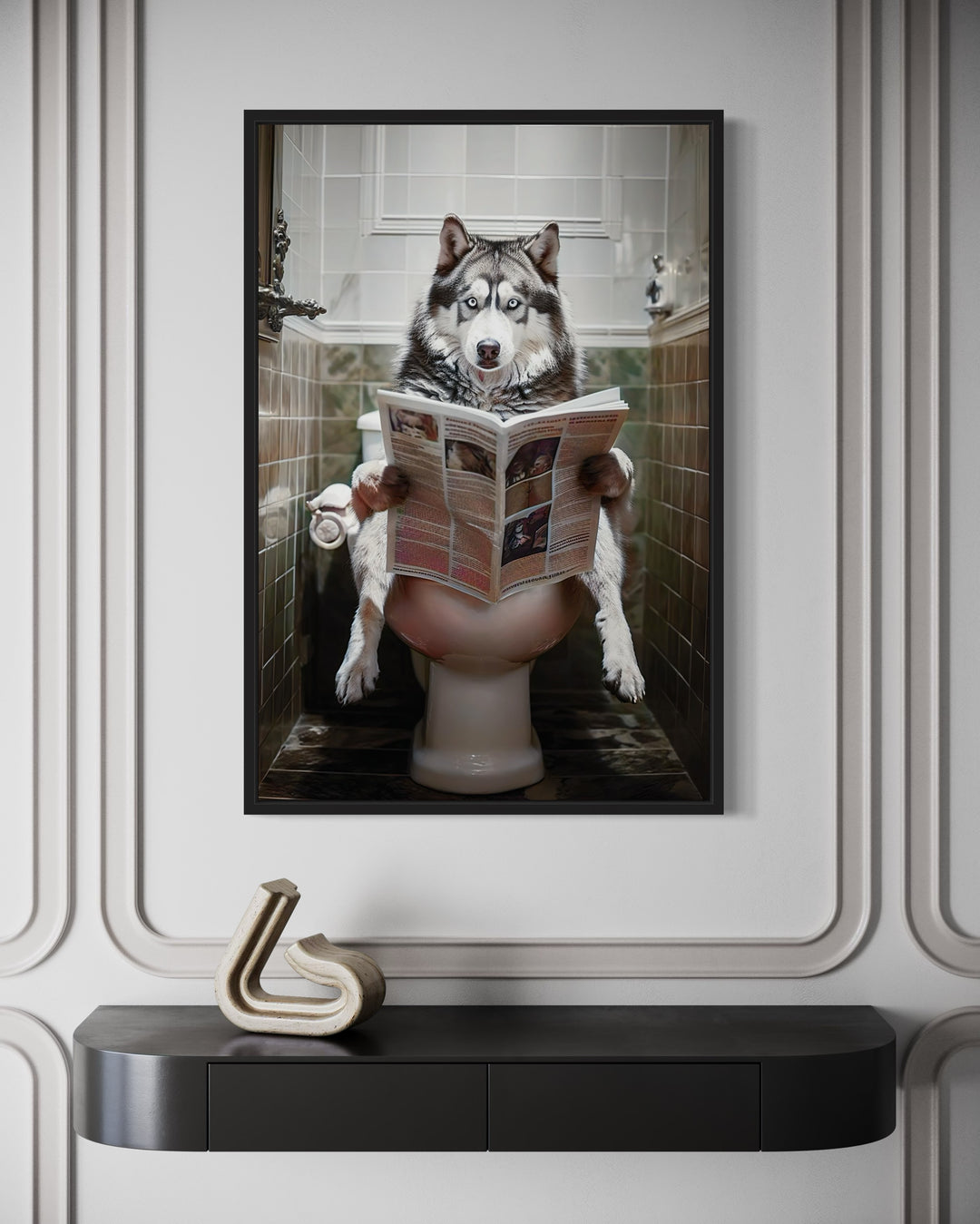 Alaskan Husky Dog On The Toilet Reading Newspaper Picture