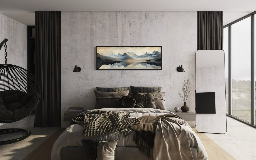 Misty Mountain Lake Panoramic Canvas Wall Art in manly bedroom