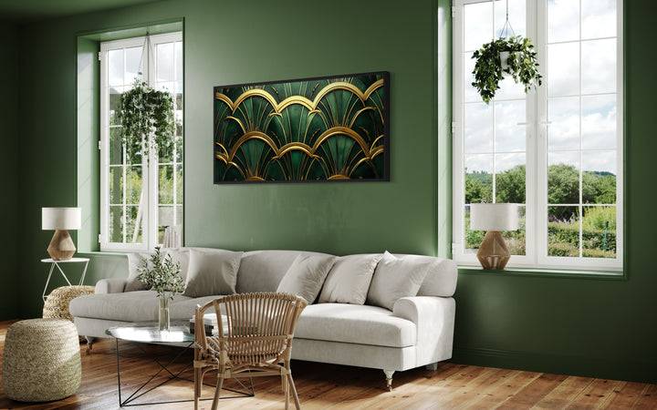 Green Gold Art Deco Horizontal Framed Canvas Wall Art in a living room with green walls and a white couch