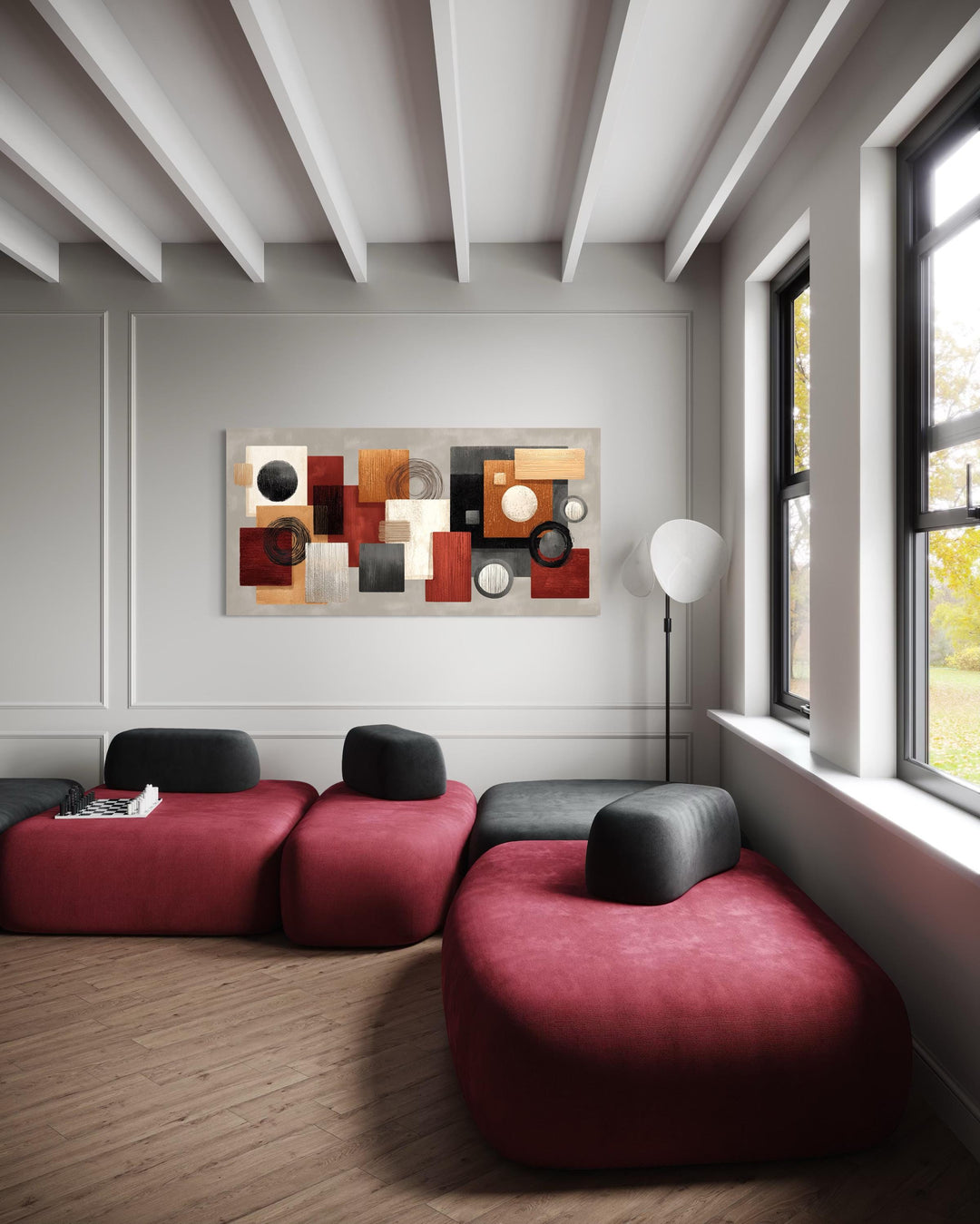 Modern Geometric Abstract  Red, Black, Beige and Orange Shapes Canvas Wall Art