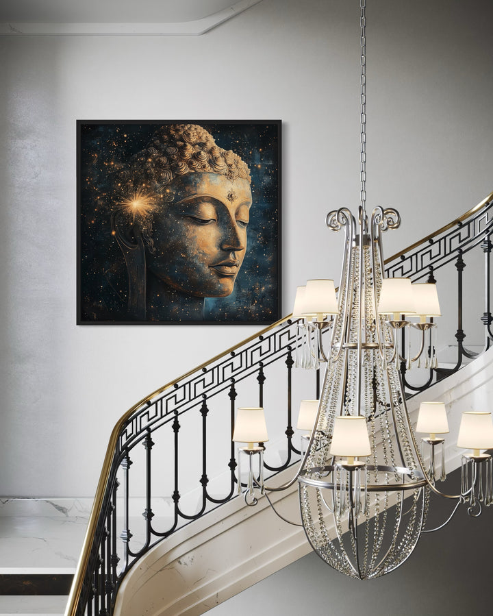 Golden Buddha in Cosmic Galaxy Canvas Art - Meditation and Zen Decor near staircase