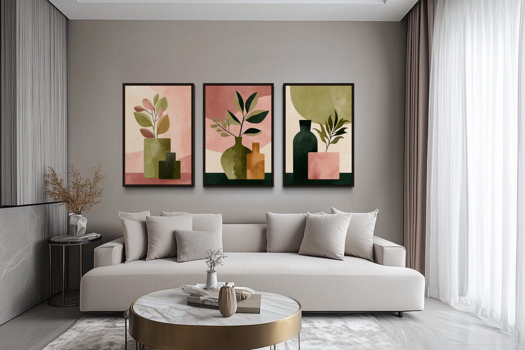 Set of 3 Framed Minimalist Botanical Blush Pink and Olive Green Vases With Leaves Wall Art