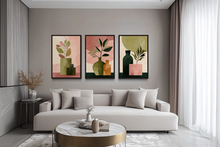 Set of 3 Framed Minimalist Botanical Blush Pink and Olive Green Vases With Leaves Wall Art