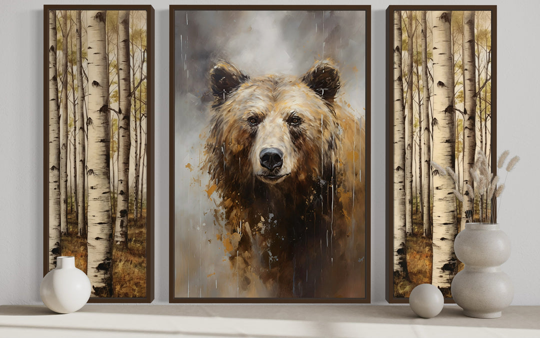 Set Of 3 Bear Flanked By Trees Framed Canvas Wall Art close up