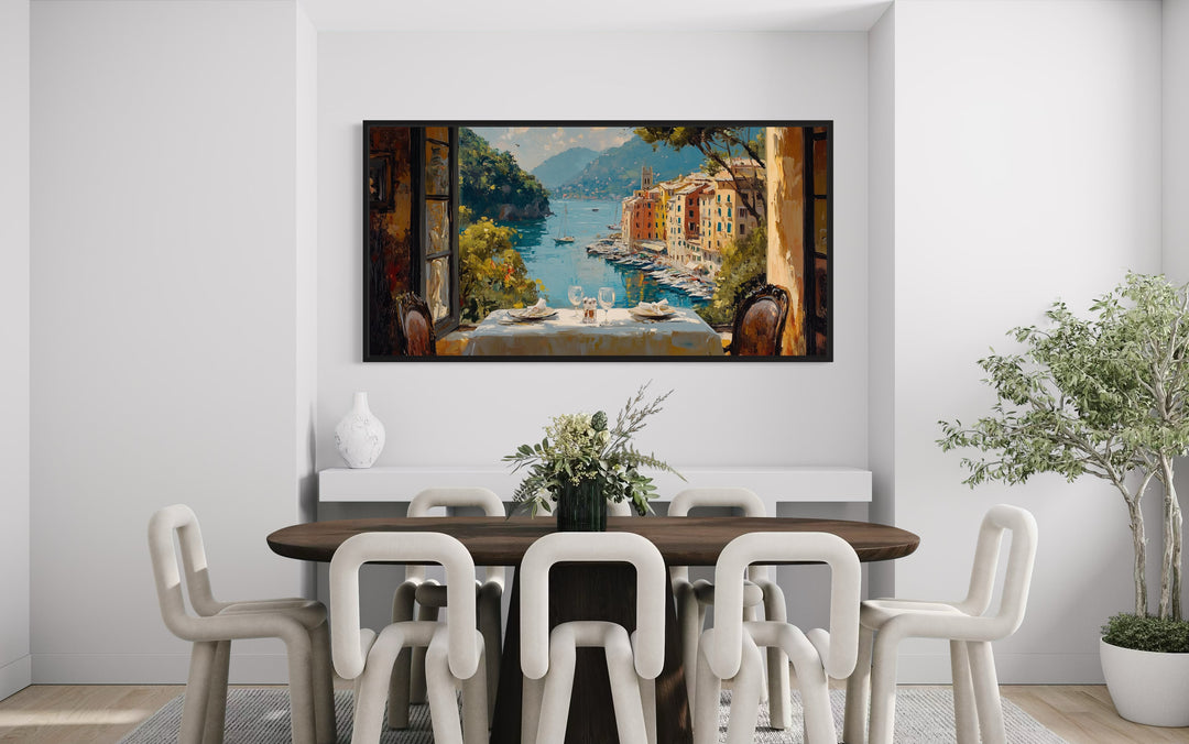 Portofino Window View From Restaurant Framed Canvas Wall Art For Dining Room