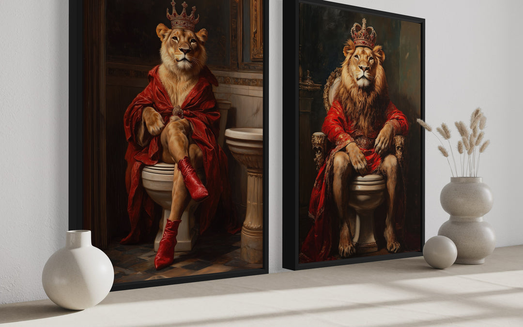 a couple of paintings of lions sitting on top of a toilet