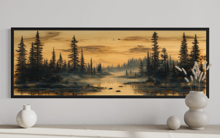 Rustic Pine Tree Forest Painted On Wood Panoramic Canvas Wall Art close up