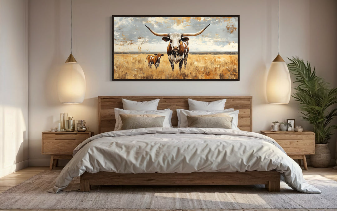 Texas Longhorn Cow With Calf In The Field Framed Canvas Wall Art above bed