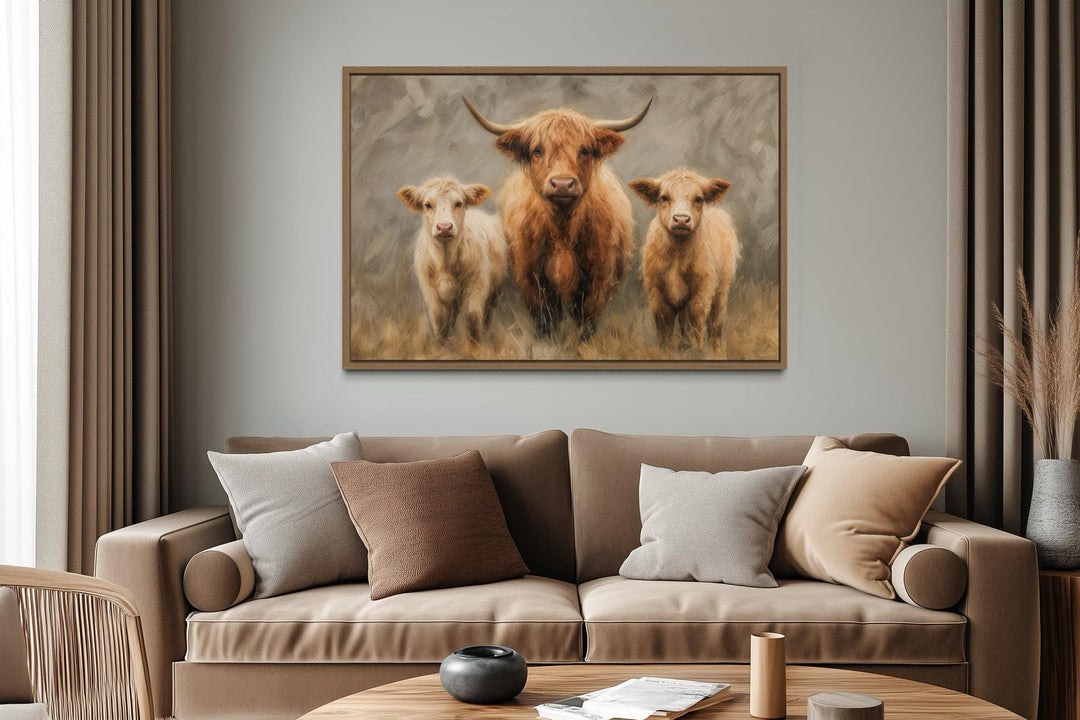 Highland Cow and Two Calves Canvas Wall Art