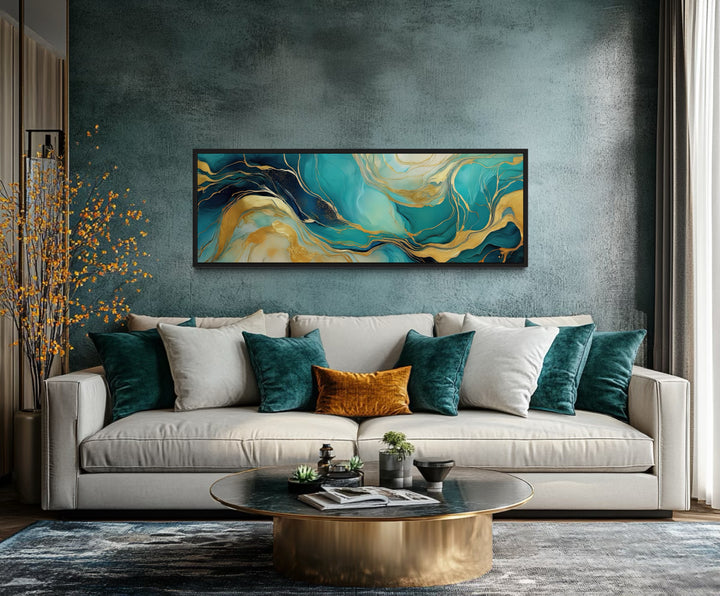 Teal Gold Mable Style Long Narrow Framed Canvas Wall Art