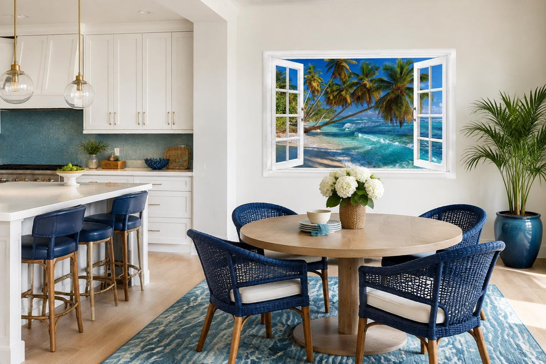 Window view canvas wall art of a tropical beach with palm trees and turquoise ocean waves.