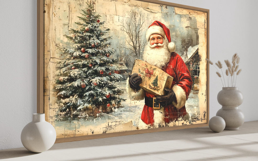 Vintage Santa With Christmas Tree and Gifts Framed Canvas Wall Art