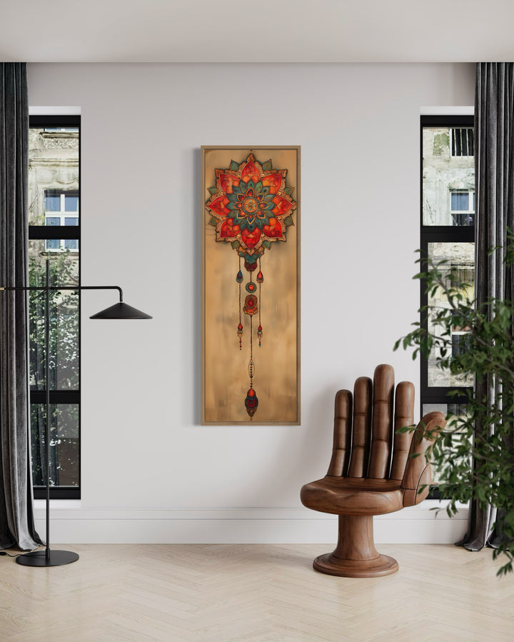 Long Vertical Boho Dreamcatcher Mandala Framed Canvas Wall Decor