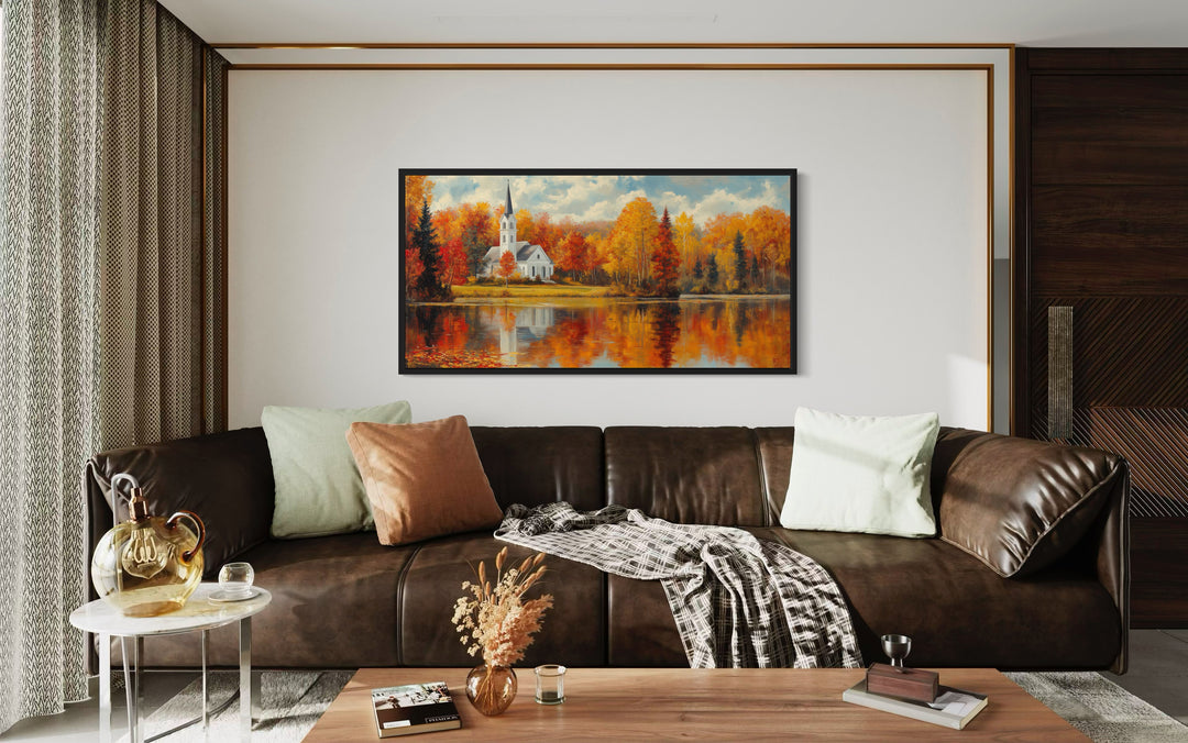 Vermont Church And Lake In The Fall New England Autumn Wall Art in a living room with a brown couch