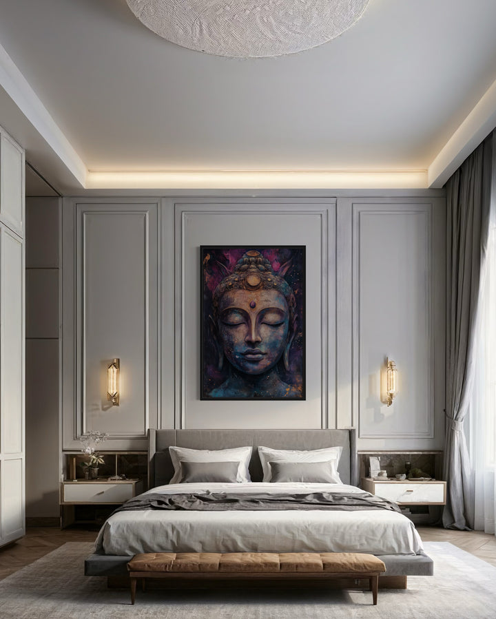 Purple Buddha Abstract Painting Framed Zen Wall Decor in grey bedroom