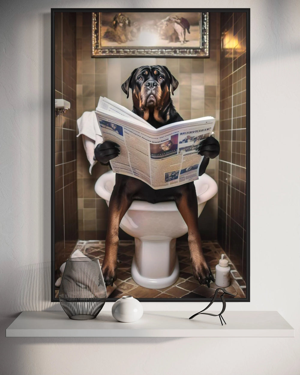 Rottweiler On The Toilet Reading Newspaper Wall Art