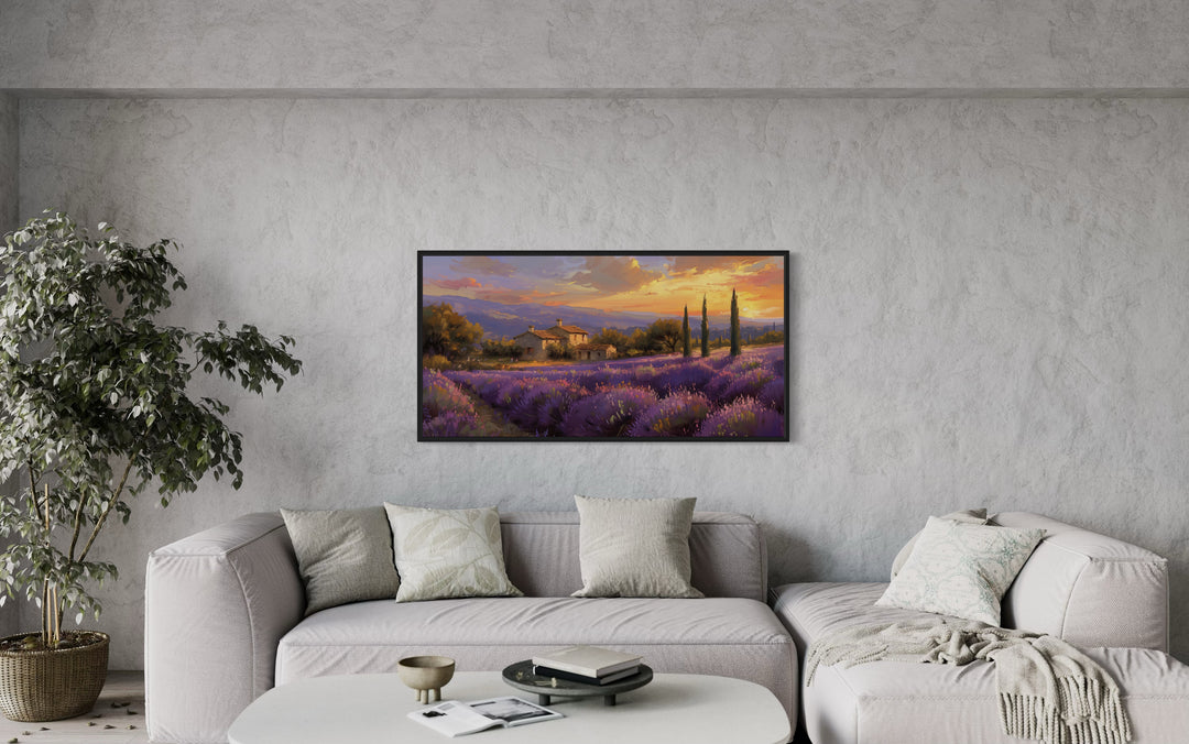 Lavender Fields of Provence At Sunset French Landscape Framed Canvas Wall Art above grey couch