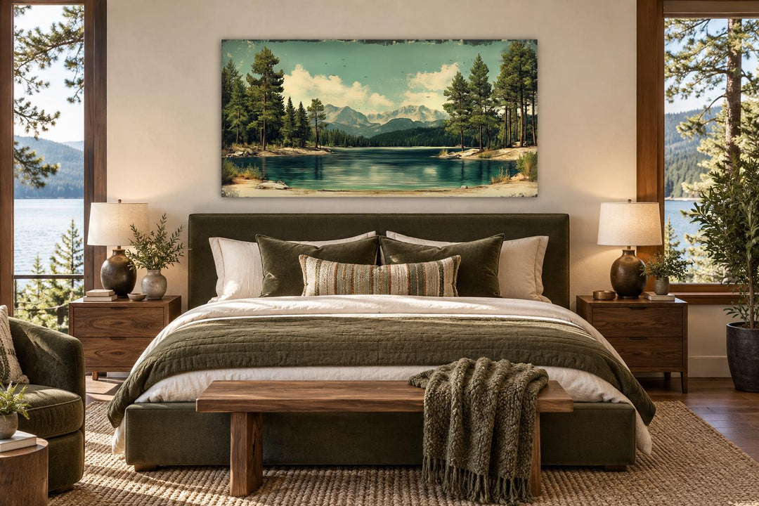 Lake, Mountains And Pine Forest Nature Vintage Style Canvas Wall Art