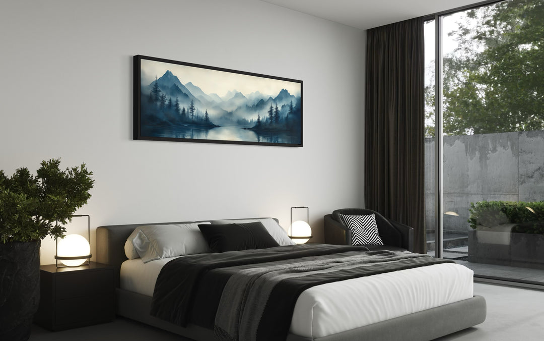 Navy Blue Mountain Lake Landscape Long Horizontal Above Bed Framed Canvas Wall Art above a bed sitting in a bedroom next to a window