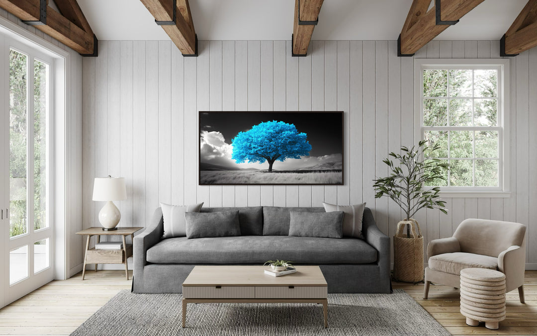 Blue Tree on Black White Background Framed Canvas Wall Art in living room