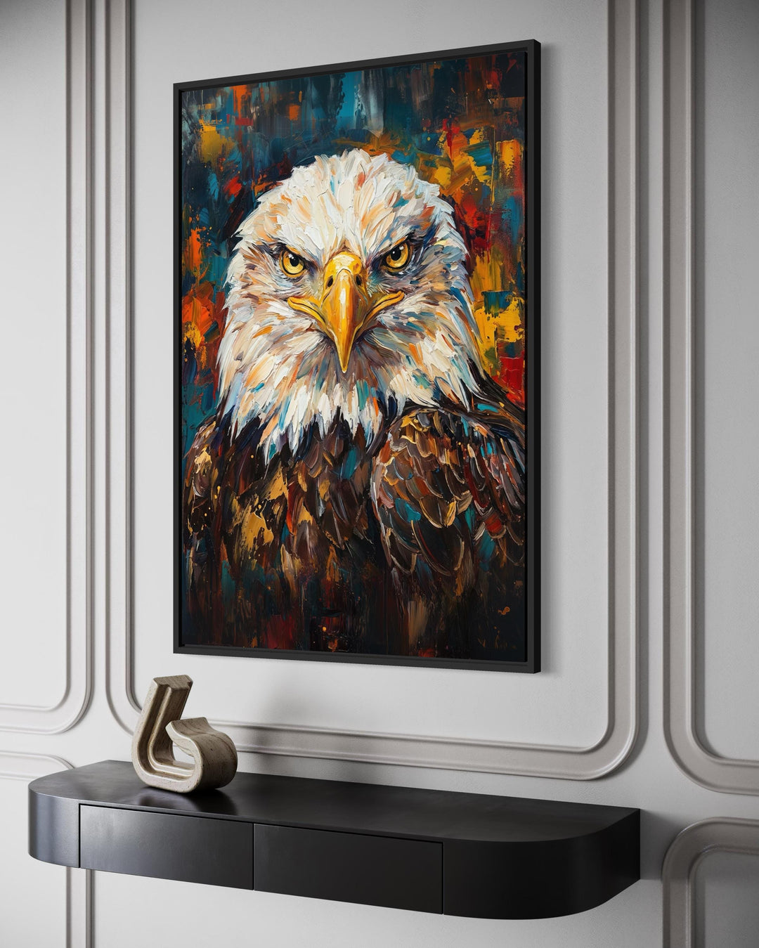 Abstract oil painting of a bald eagle with intense golden eyes on a colorful background.