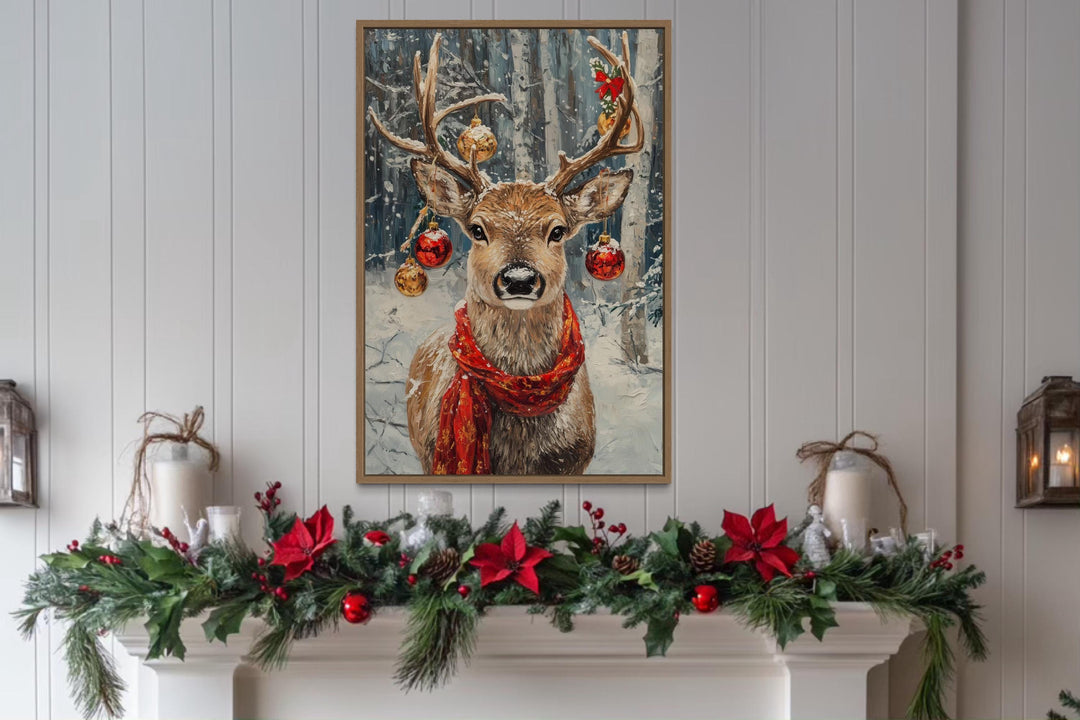 Christmas Reindeer With Red Scarf And Ornaments Canvas Wall Art
