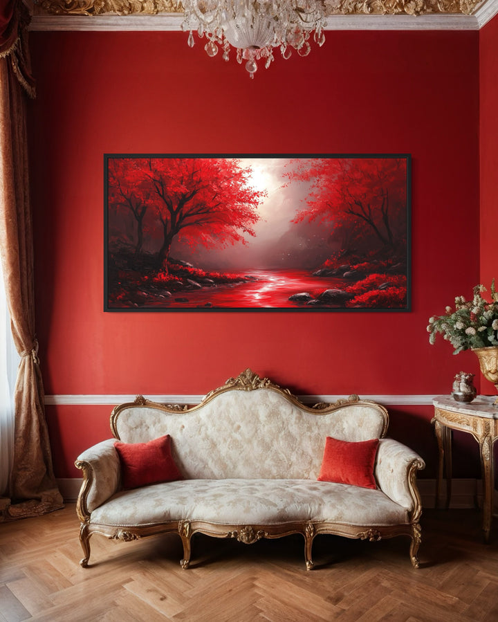 Red Nature Landscape Framed Canvas Wall Art a living room with a couch