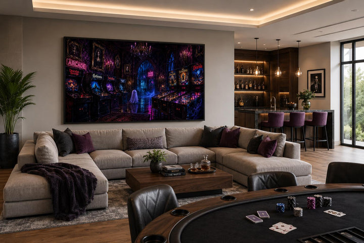 Spooky Halloween arcade wall art with ghost and neon pinball machines in a modern game room.