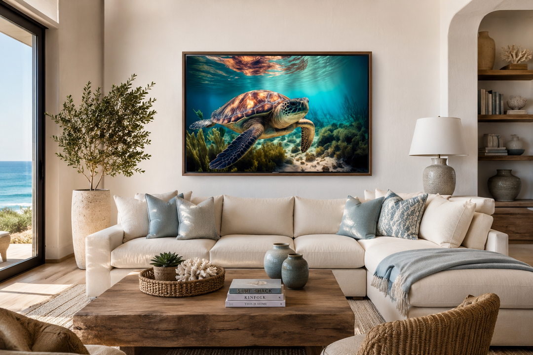 Sea turtle swimming over a coral reef underwater canvas wall art in a coastal living room.