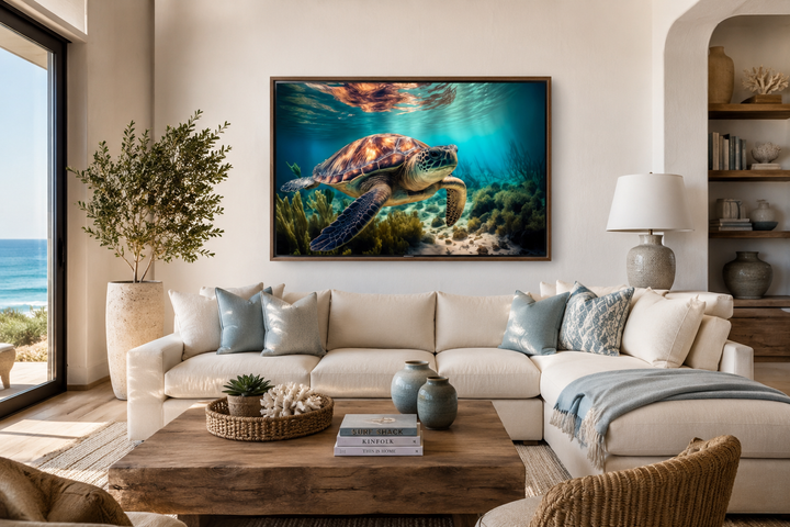 Sea turtle swimming over a coral reef underwater canvas wall art in a coastal living room.